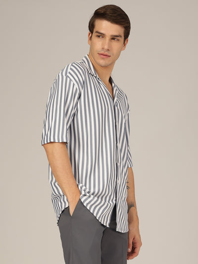 Blue & White: Striped Drop-Shoulder Oversized Casual Shirt