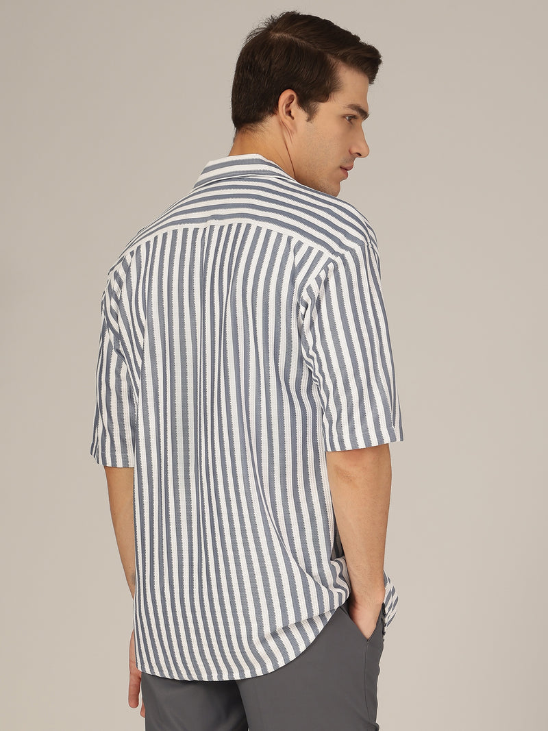 Blue & White: Striped Drop-Shoulder Oversized Casual Shirt
