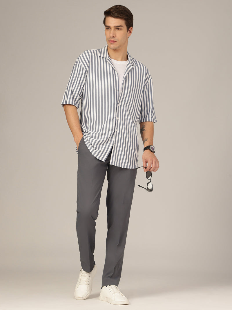 Blue & White: Striped Drop-Shoulder Oversized Casual Shirt
