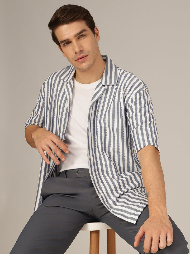 Blue & White: Striped Drop-Shoulder Oversized Casual Shirt