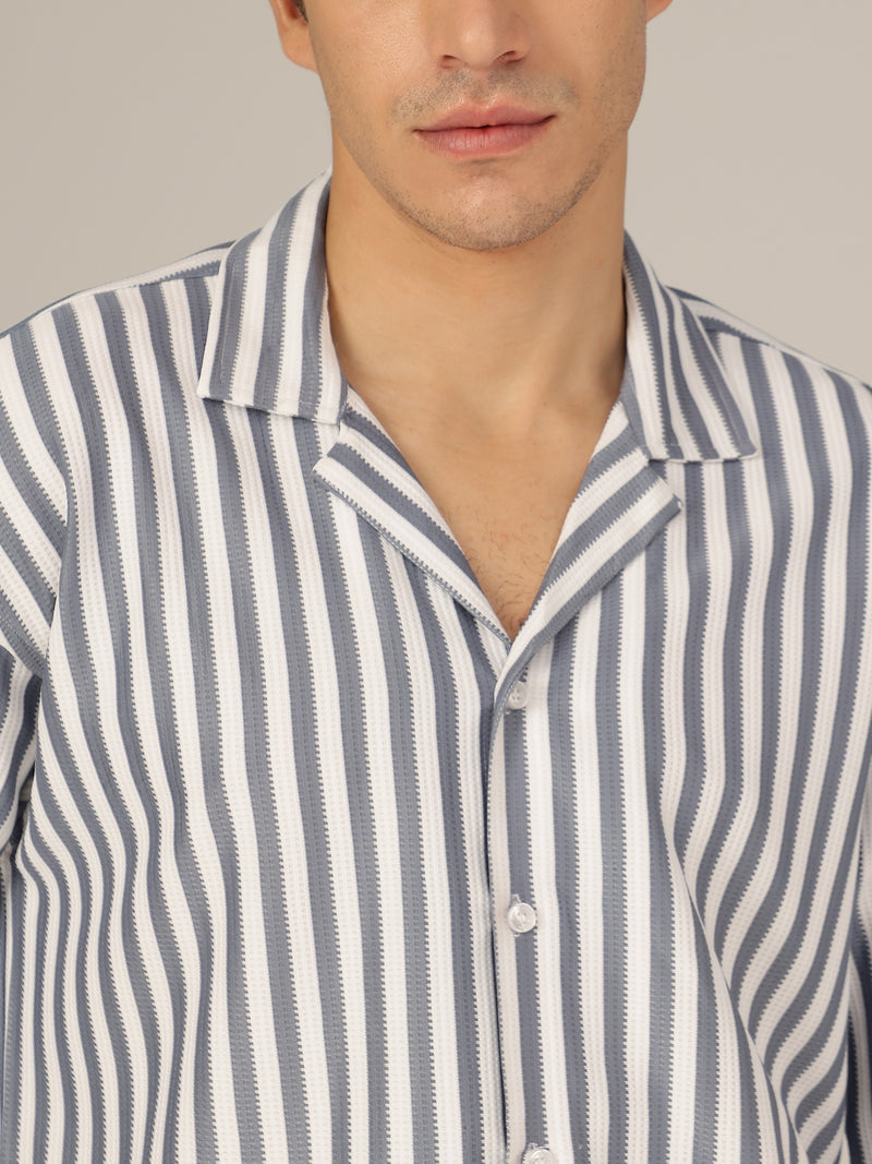 Blue & White: Striped Drop-Shoulder Oversized Casual Shirt