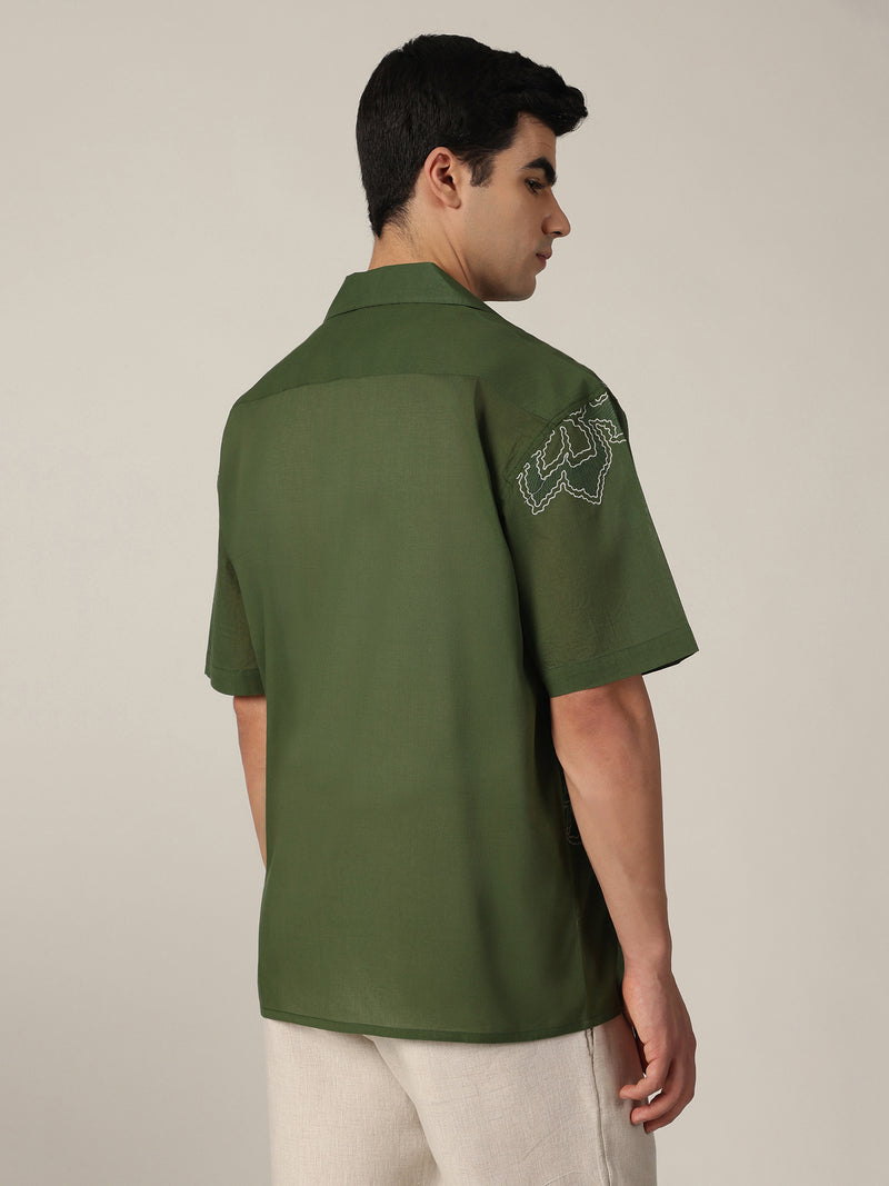 Green: Embroidered Drop Shoulder Oversized Shirt