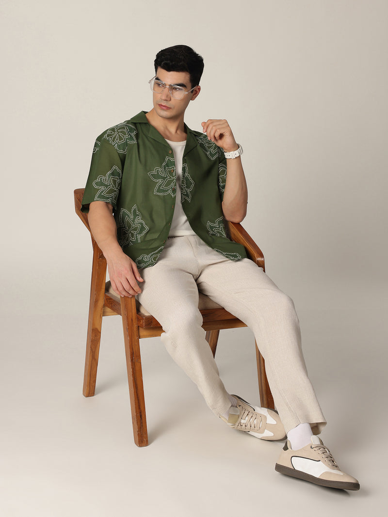 Green: Embroidered Drop Shoulder Oversized Shirt