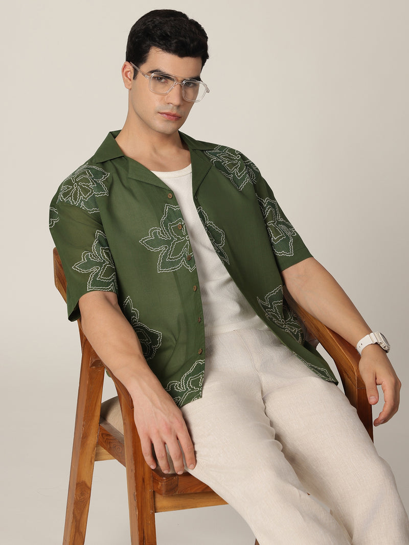 Green: Embroidered Drop Shoulder Oversized Shirt
