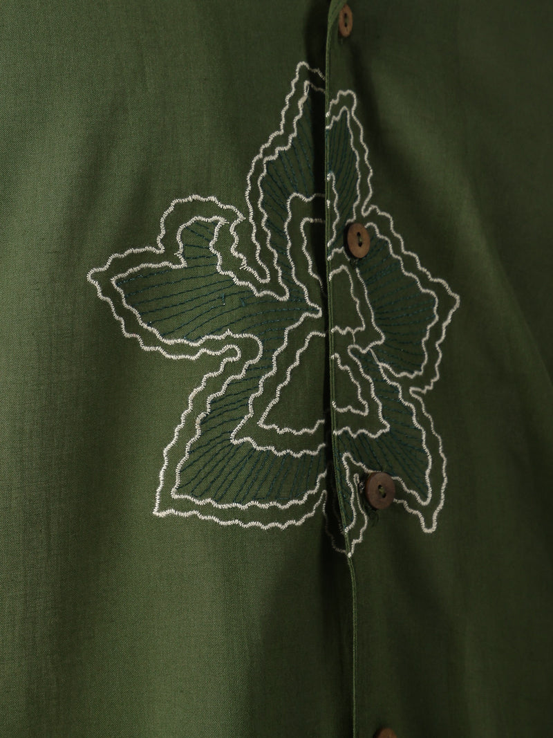 Green: Embroidered Drop Shoulder Oversized Shirt