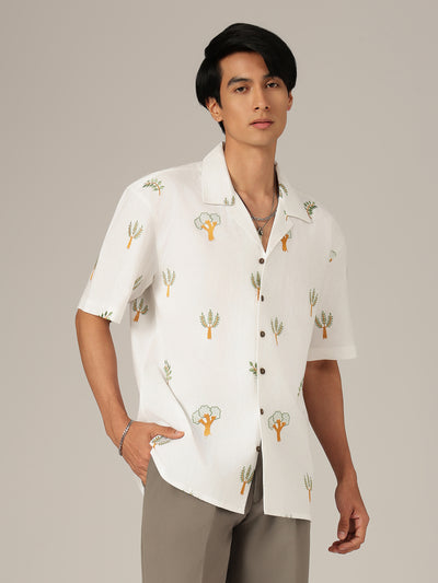 Off White: Tropical Embroidered Drop Shoulder Oversized Casual Shirt