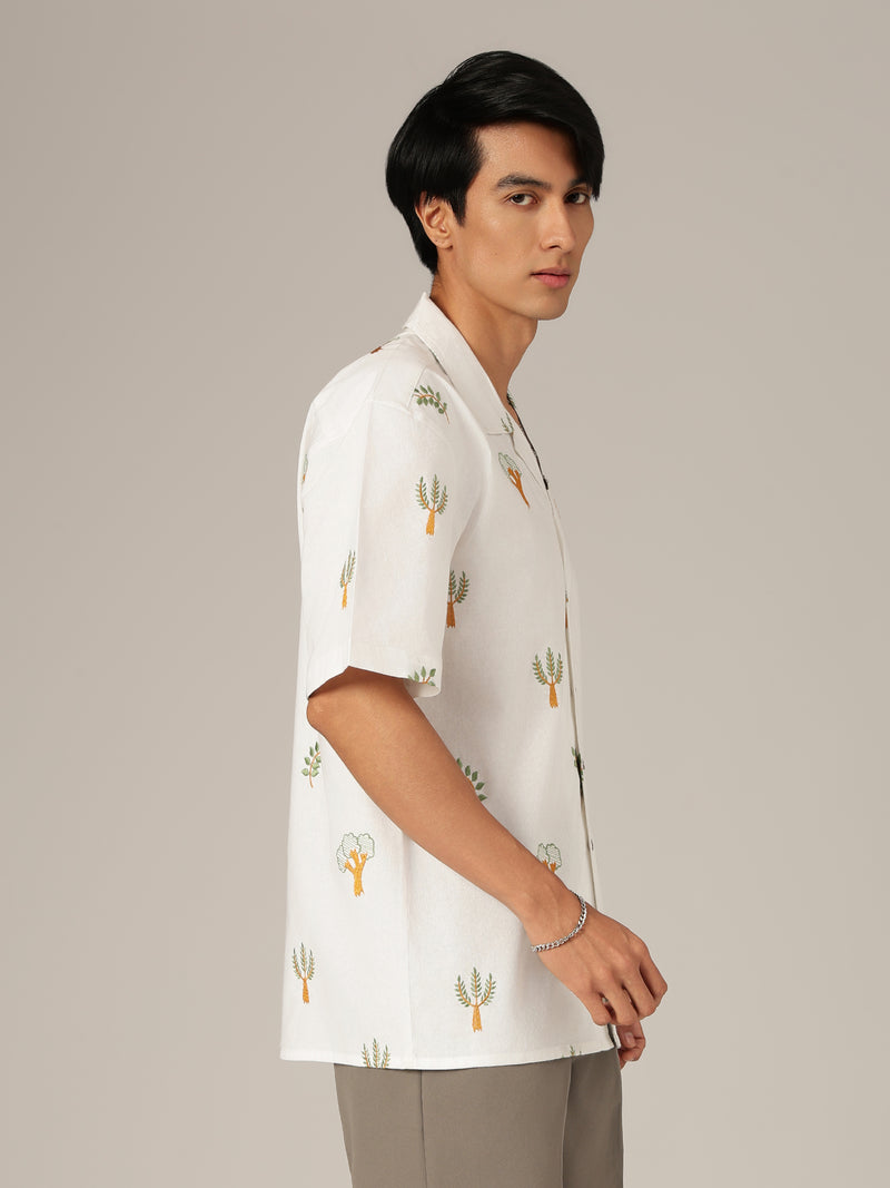 Off White: Tropical Embroidered Drop Shoulder Oversized Casual Shirt