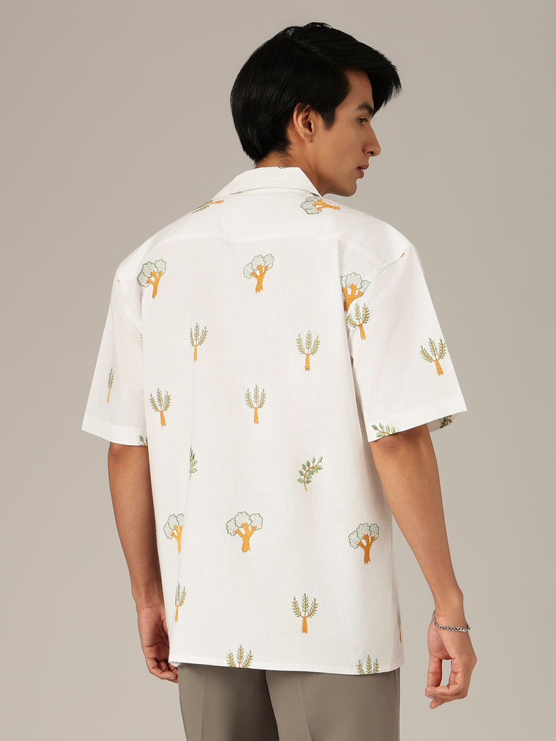 Off White: Tropical Embroidered Drop Shoulder Oversized Casual Shirt