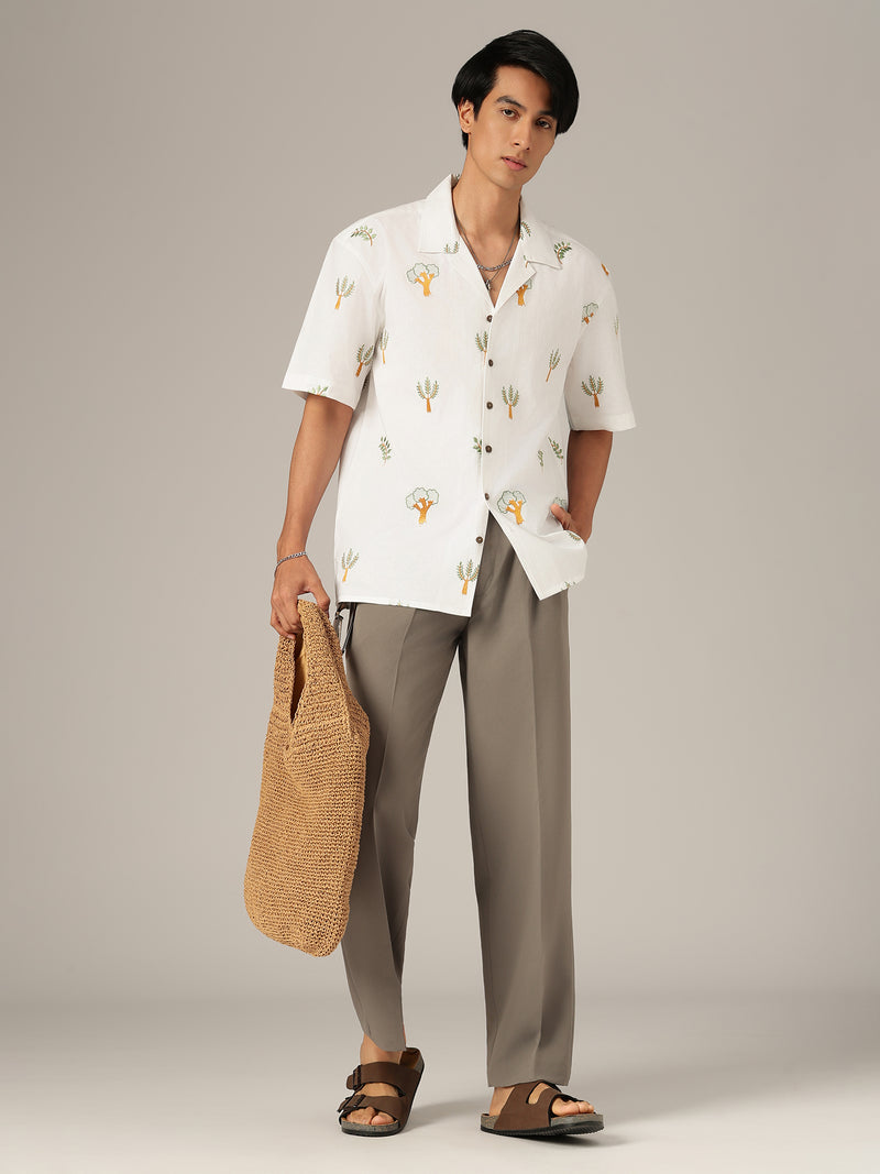 Off White: Tropical Embroidered Drop Shoulder Oversized Casual Shirt