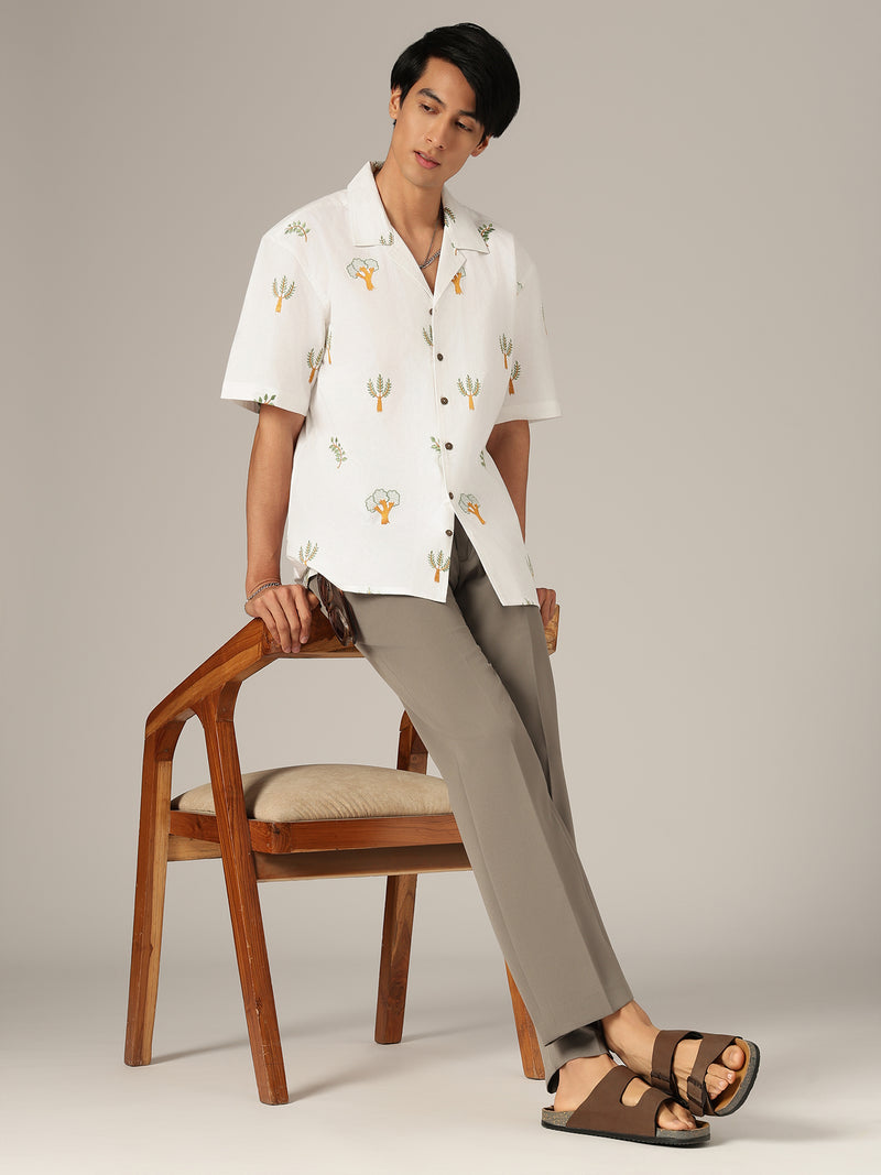 Off White: Tropical Embroidered Drop Shoulder Oversized Casual Shirt