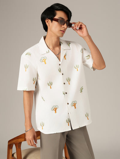 Off White: Tropical Embroidered Drop Shoulder Oversized Casual Shirt