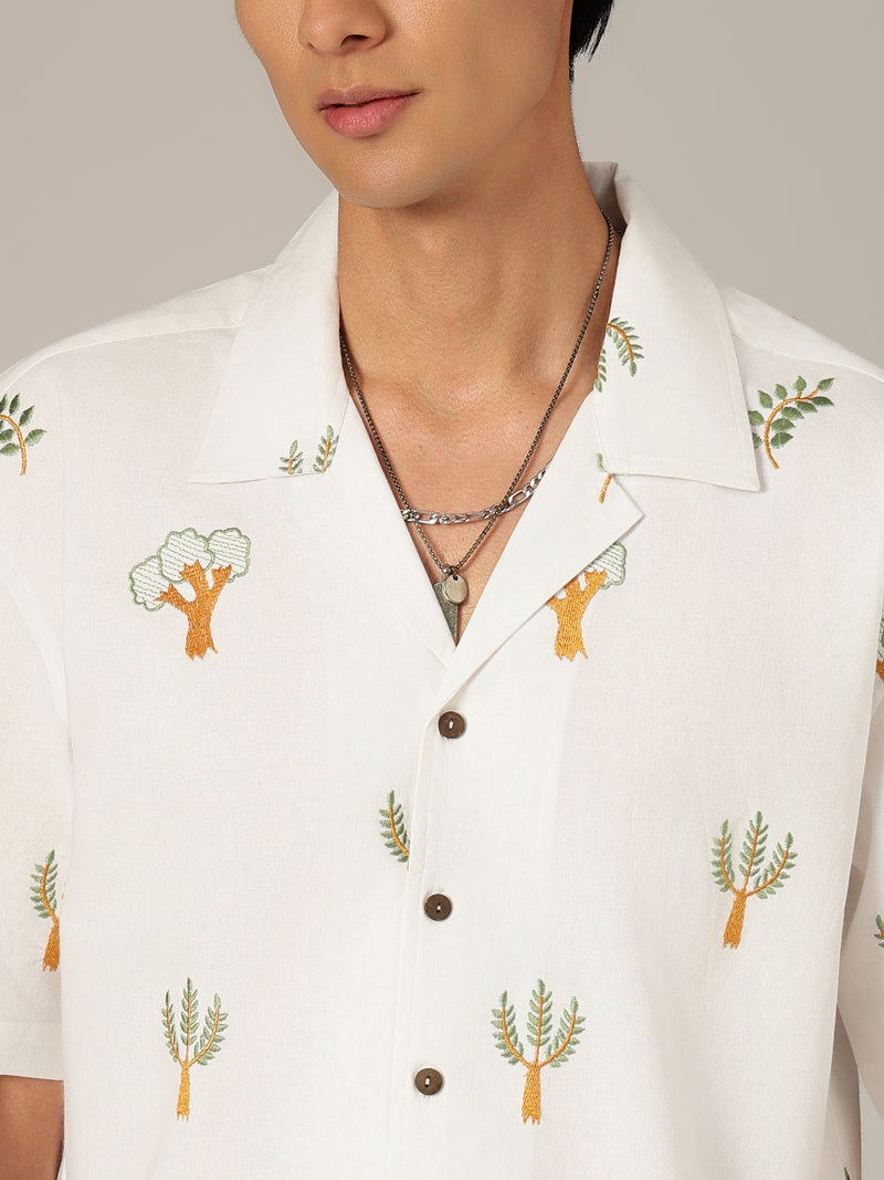 Off White: Tropical Embroidered Drop Shoulder Oversized Casual Shirt