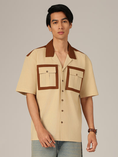 Beige & Brown: Colourblocked Drop-Shoulder Oversized Casual Shirt