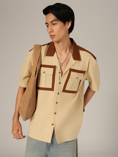 Beige & Brown: Colourblocked Drop-Shoulder Oversized Casual Shirt