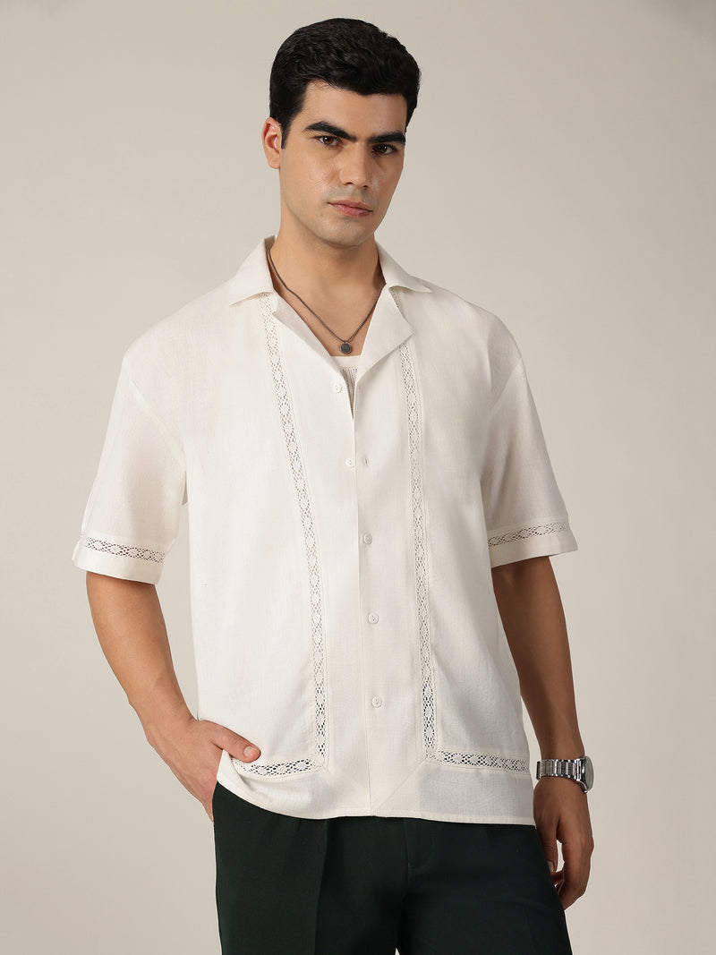 White: Drop-Shoulder Oversized Crochet Shirt