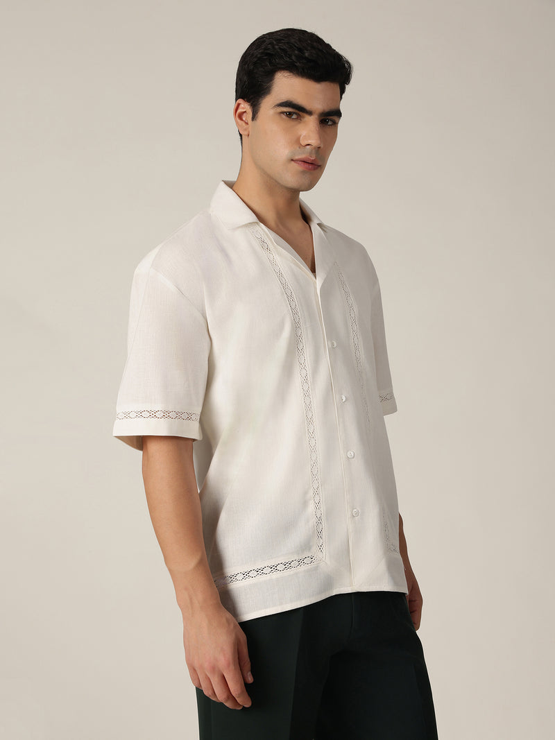 White: Drop-Shoulder Oversized Crochet Shirt