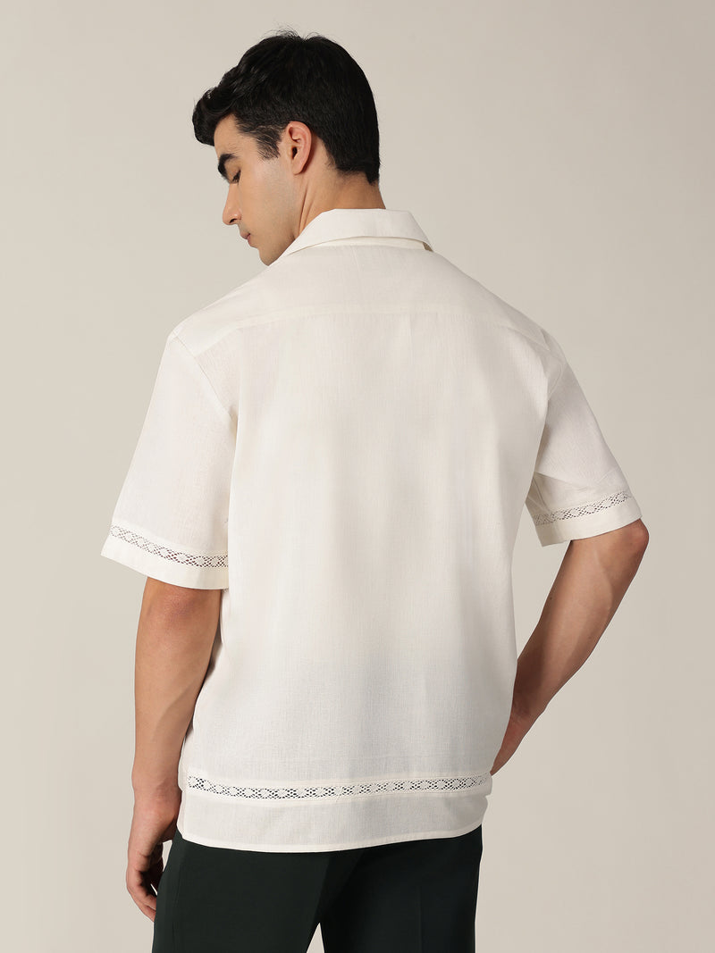 White: Drop-Shoulder Oversized Crochet Shirt