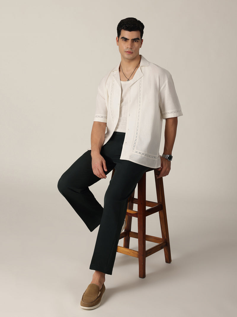 White: Drop-Shoulder Oversized Crochet Shirt