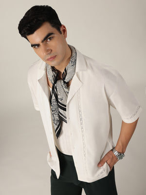 White: Drop-Shoulder Oversized Crochet Shirt