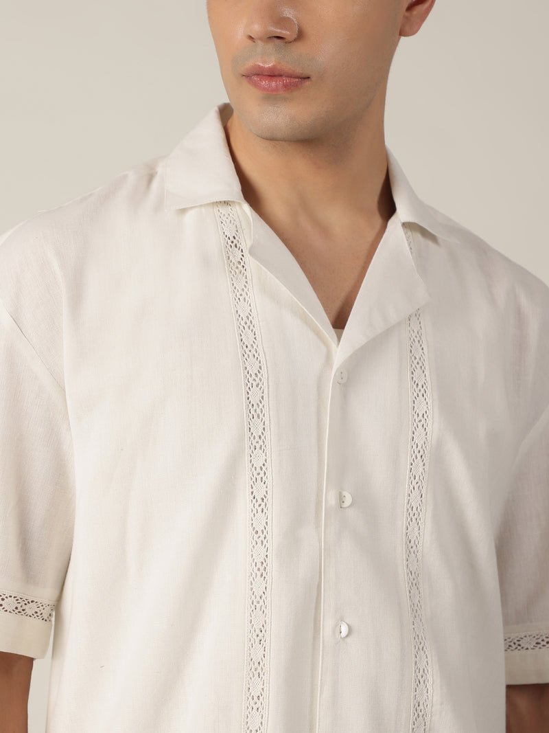 White: Drop-Shoulder Oversized Crochet Shirt