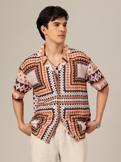 Multicolor: Geometric Printed Drop Shoulder Oversized Casual Shirt