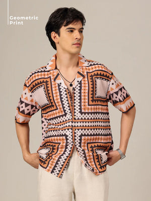 Multicolor: Geometric Printed Drop Shoulder Oversized Casual Shirt