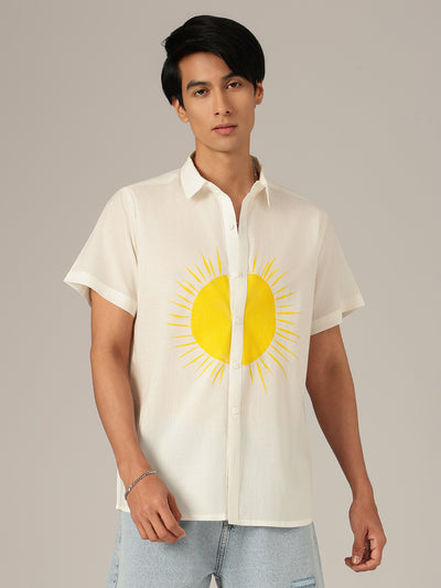 White & Yellow: Hand Brushpainted Relaxed Fit Casual Shirt
