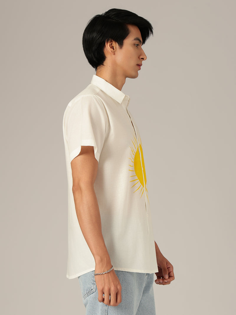 White & Yellow: Hand Brushpainted Relaxed Fit Casual Shirt