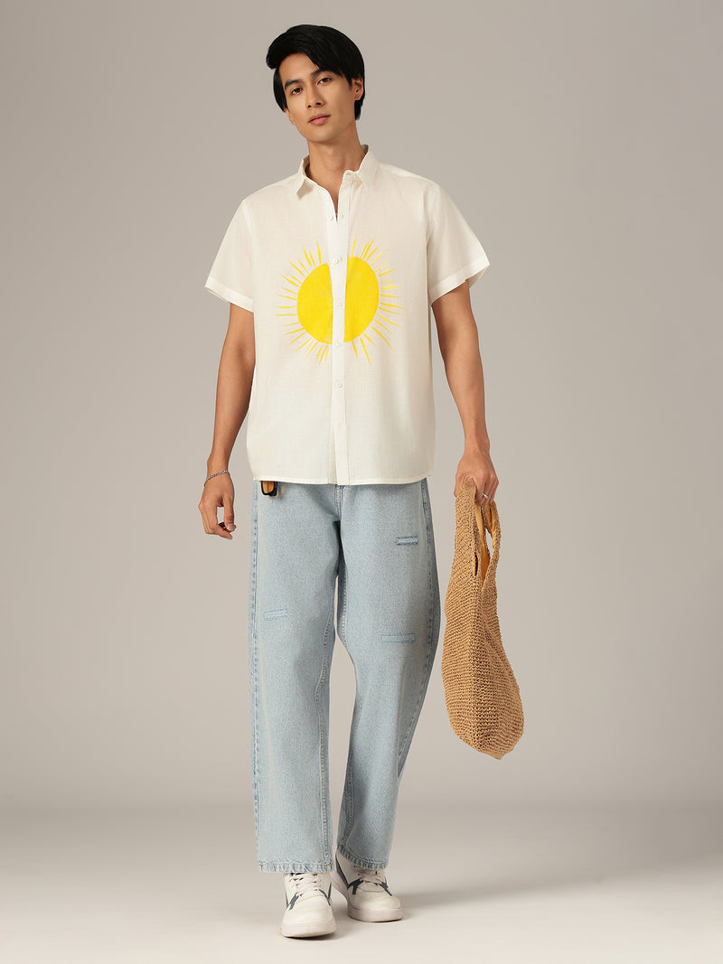 White & Yellow: Hand Brushpainted Relaxed Fit Casual Shirt