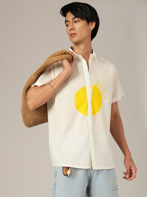 White & Yellow: Hand Brushpainted Relaxed Fit Casual Shirt
