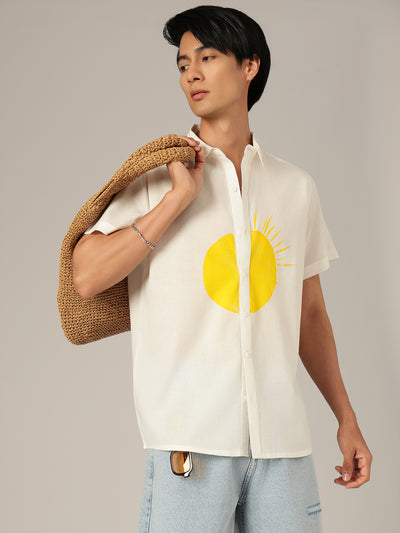 White & Yellow: Hand Brushpainted Relaxed Fit Casual Shirt