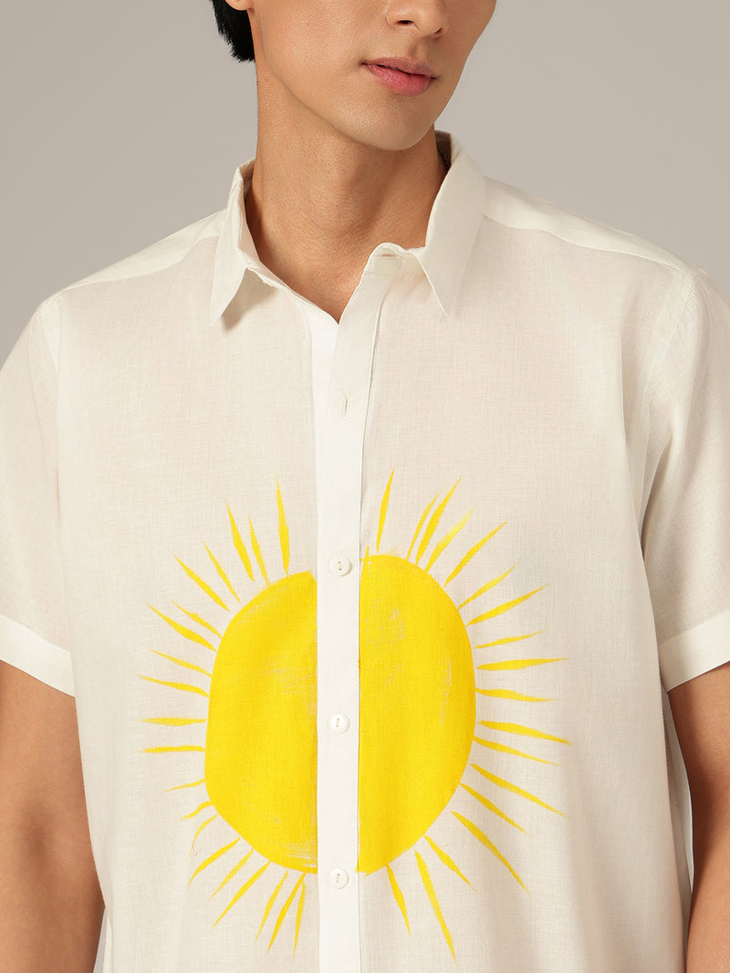 White & Yellow: Hand Brushpainted Relaxed Fit Casual Shirt