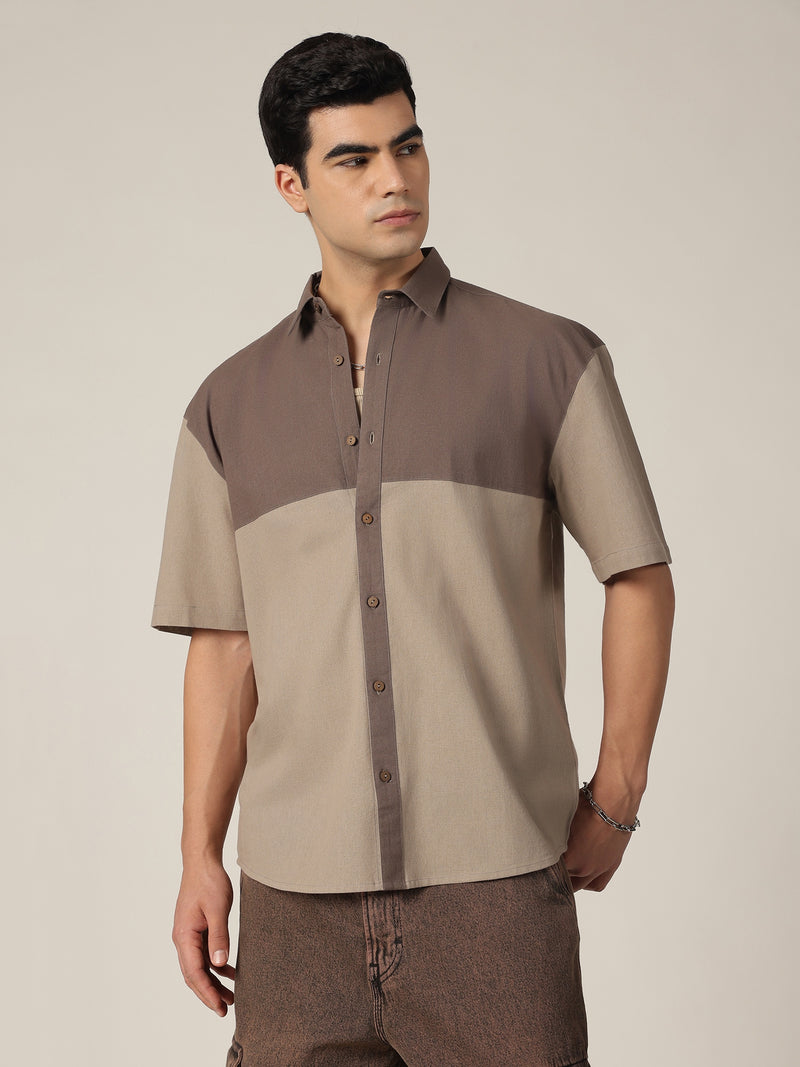 Grey: Colourblocked Drop-Shoulder Oversized Casual Shirt