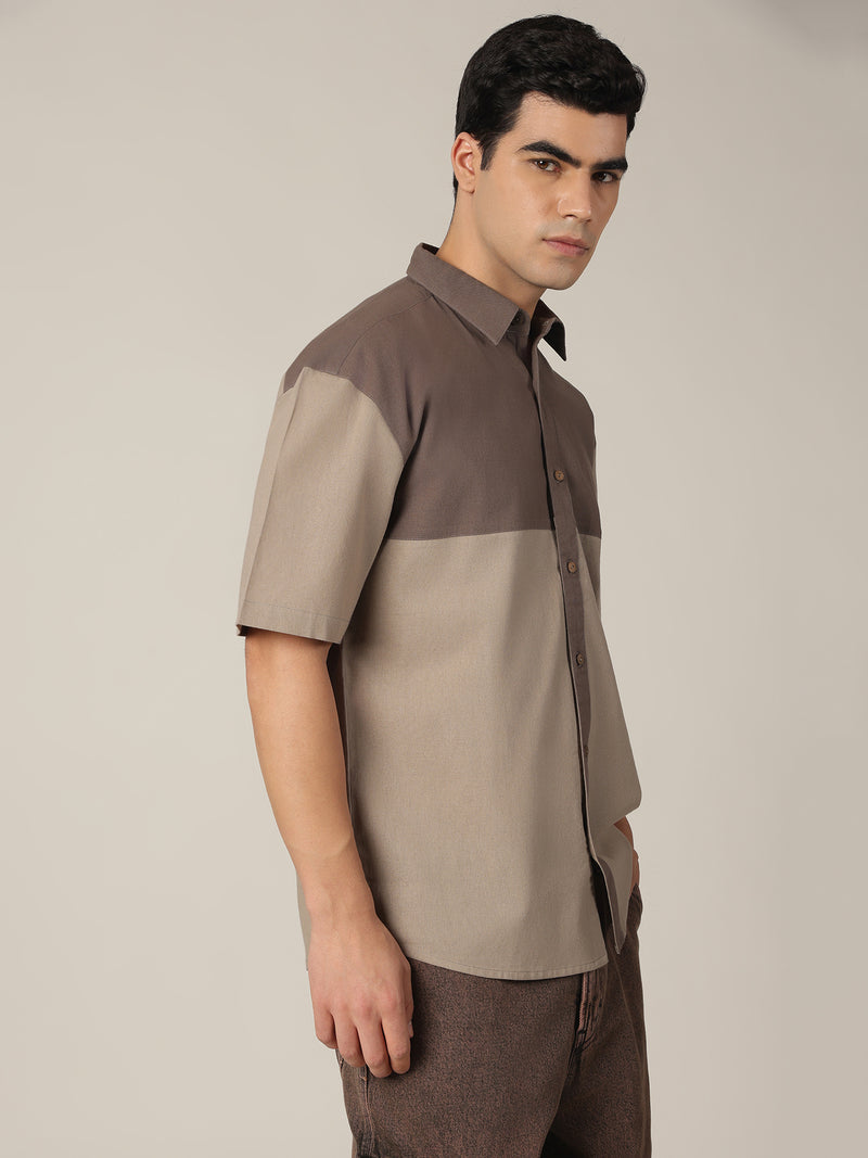 Grey: Colourblocked Drop-Shoulder Oversized Casual Shirt