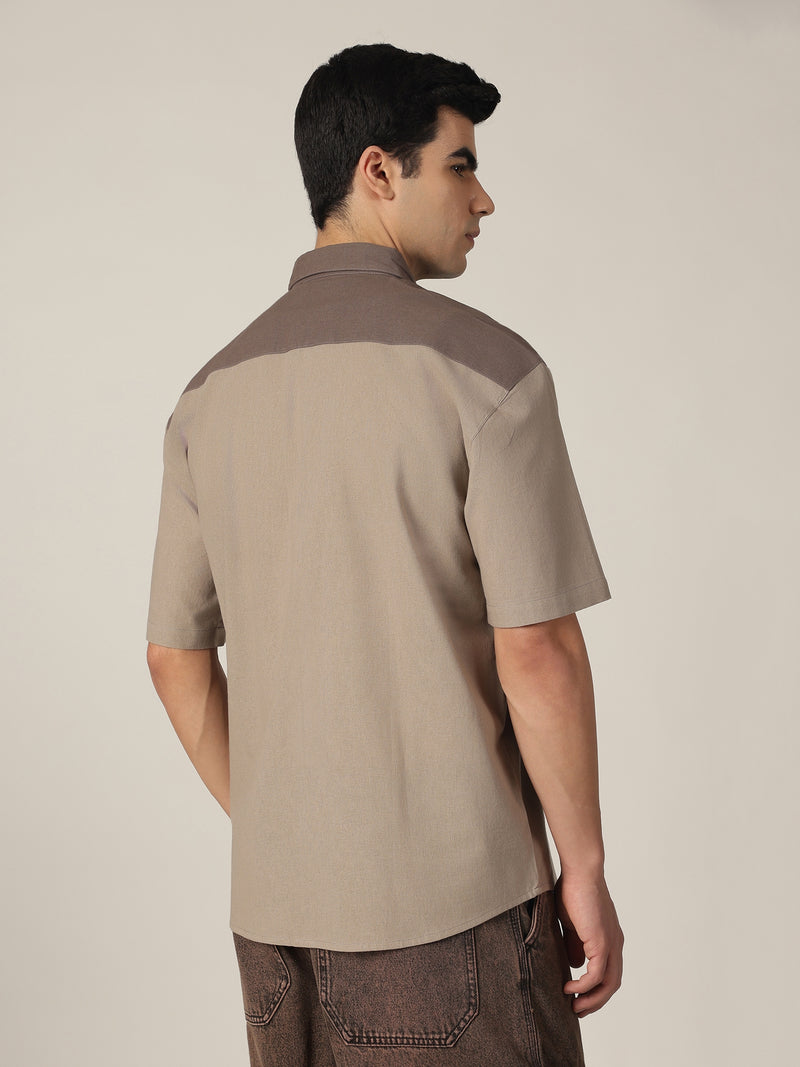 Grey: Colourblocked Drop-Shoulder Oversized Casual Shirt