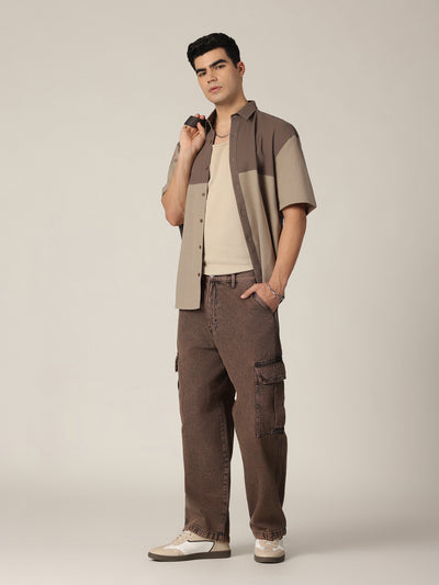 Grey: Colourblocked Drop-Shoulder Oversized Casual Shirt