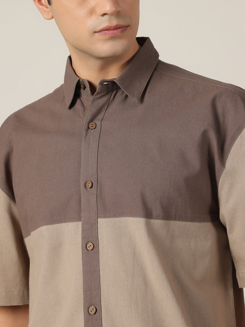 Grey: Colourblocked Drop-Shoulder Oversized Casual Shirt