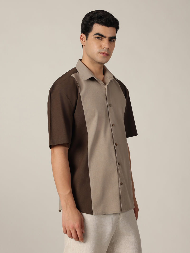 Grey: Colourblocked Drop-Shoulder Oversized Casual Shirt