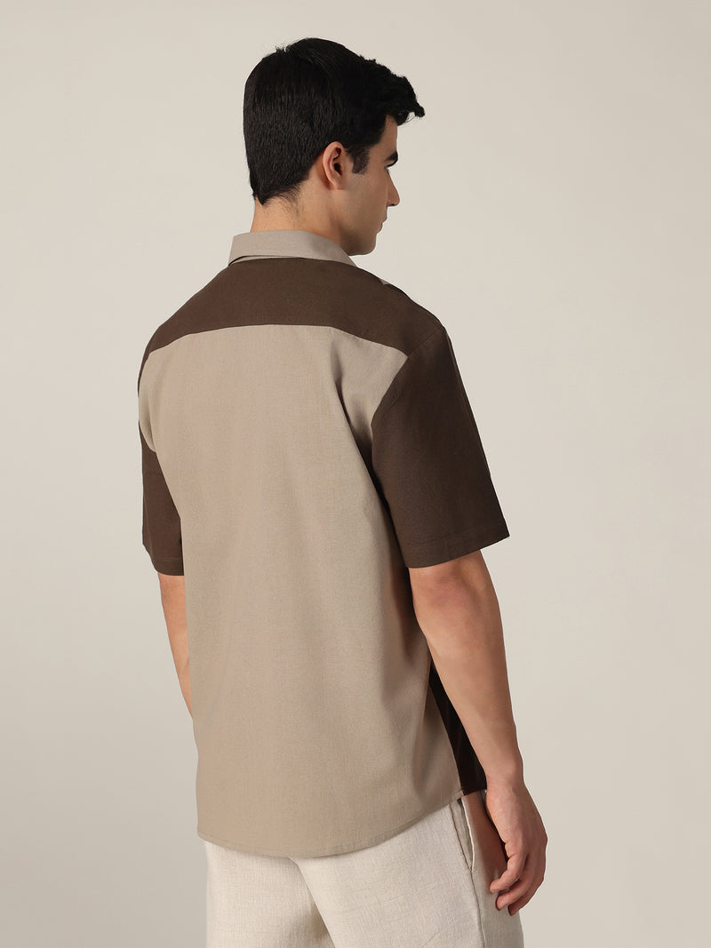 Grey: Colourblocked Drop-Shoulder Oversized Casual Shirt