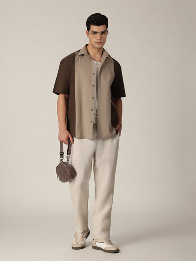 Grey: Colourblocked Drop-Shoulder Oversized Casual Shirt