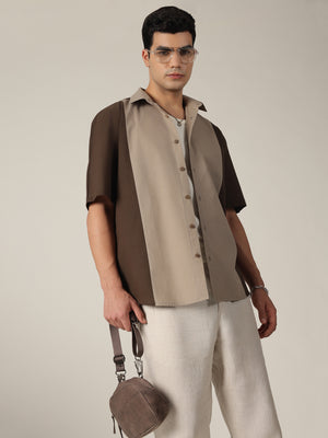 Grey: Colourblocked Drop-Shoulder Oversized Casual Shirt