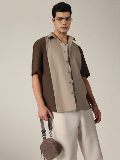 Grey: Colourblocked Drop-Shoulder Oversized Casual Shirt