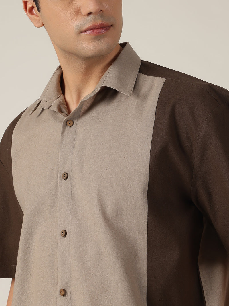 Grey: Colourblocked Drop-Shoulder Oversized Casual Shirt