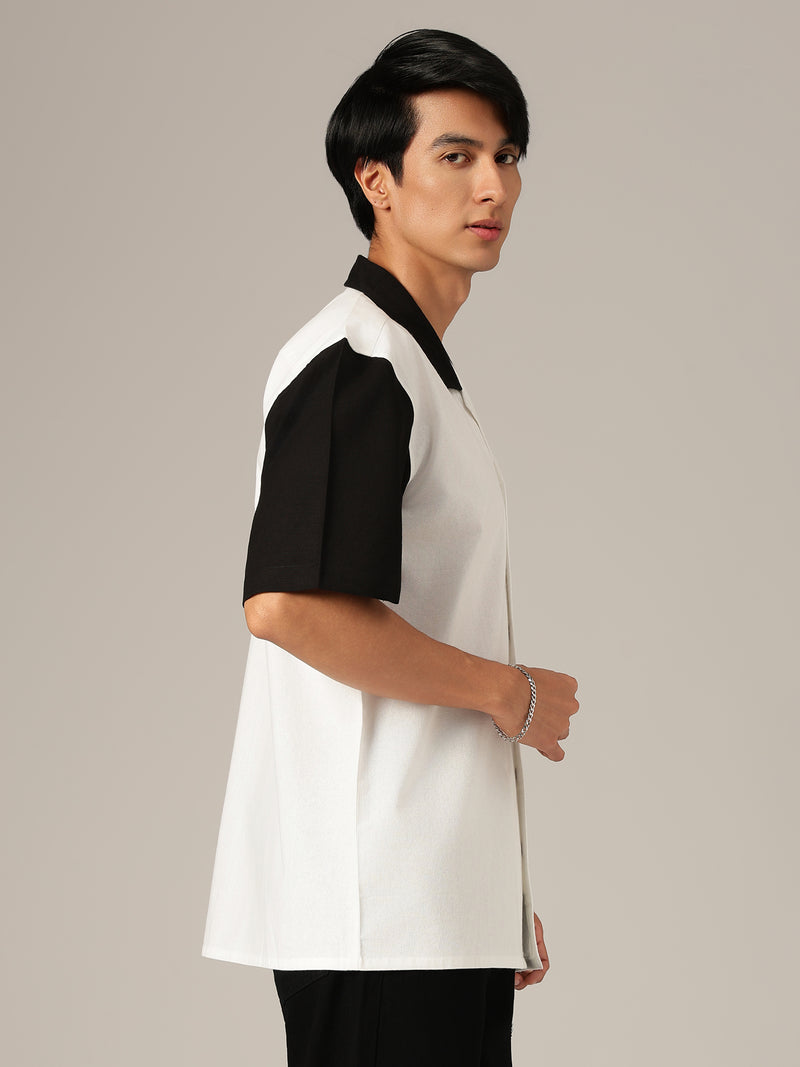 White: Colourblocked Drop-Shoulder Oversized Casual Shirt