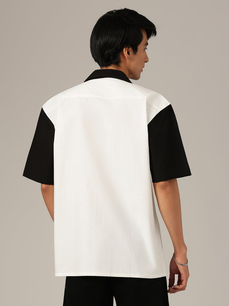 White: Colourblocked Drop-Shoulder Oversized Casual Shirt