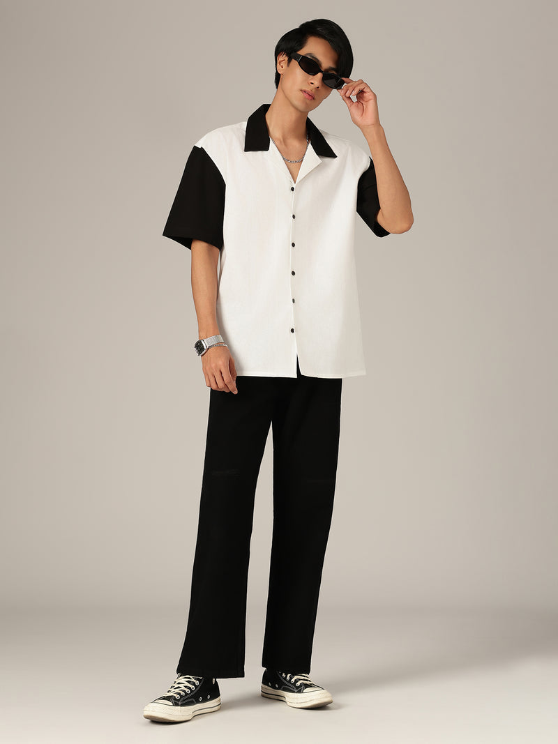 White: Colourblocked Drop-Shoulder Oversized Casual Shirt