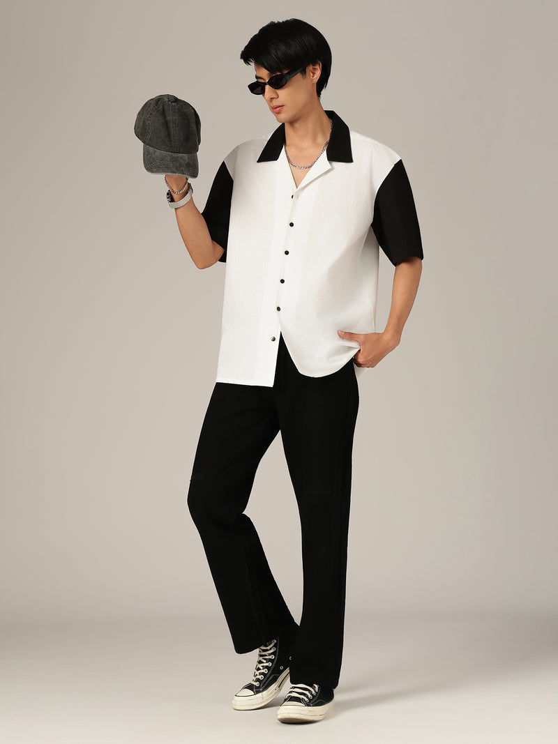 White: Colourblocked Drop-Shoulder Oversized Casual Shirt
