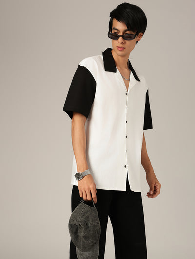 White: Colourblocked Drop-Shoulder Oversized Casual Shirt