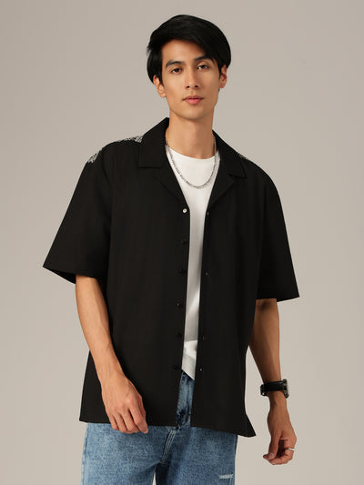Black: Embroidered Drop Shoulder Oversized Casual Shirt