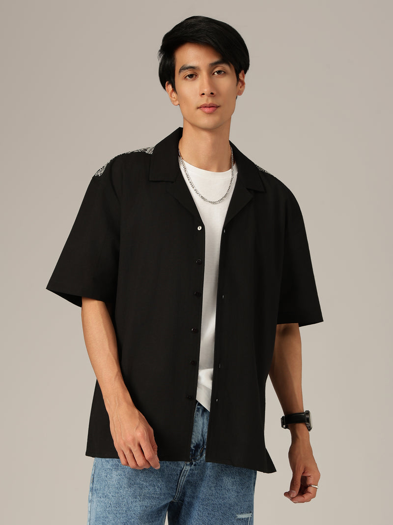 Black: Embroidered Drop Shoulder Oversized Casual Shirt